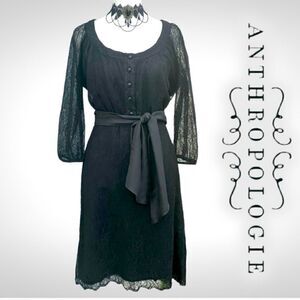 MAEVE ANTHROPOLOGIE Little Black Lace  Holiday Party Shift Dress 3/4 Sleeves 6